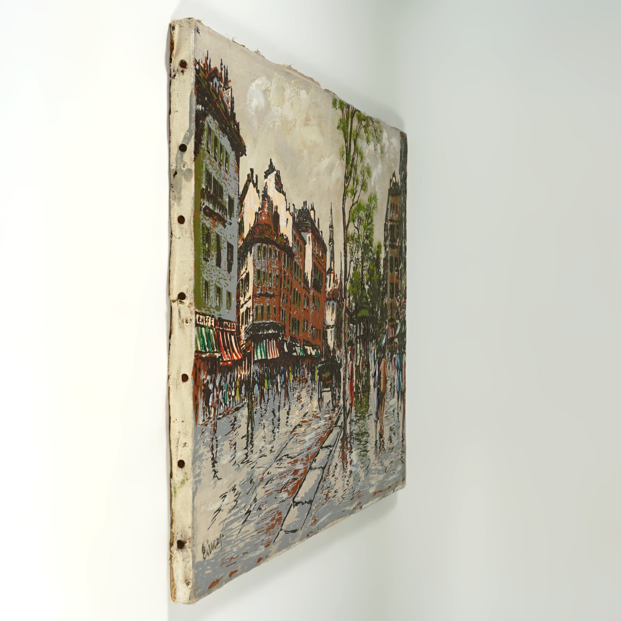 Vintage French Paris Street Scene Oil Painting on Canvas Mid