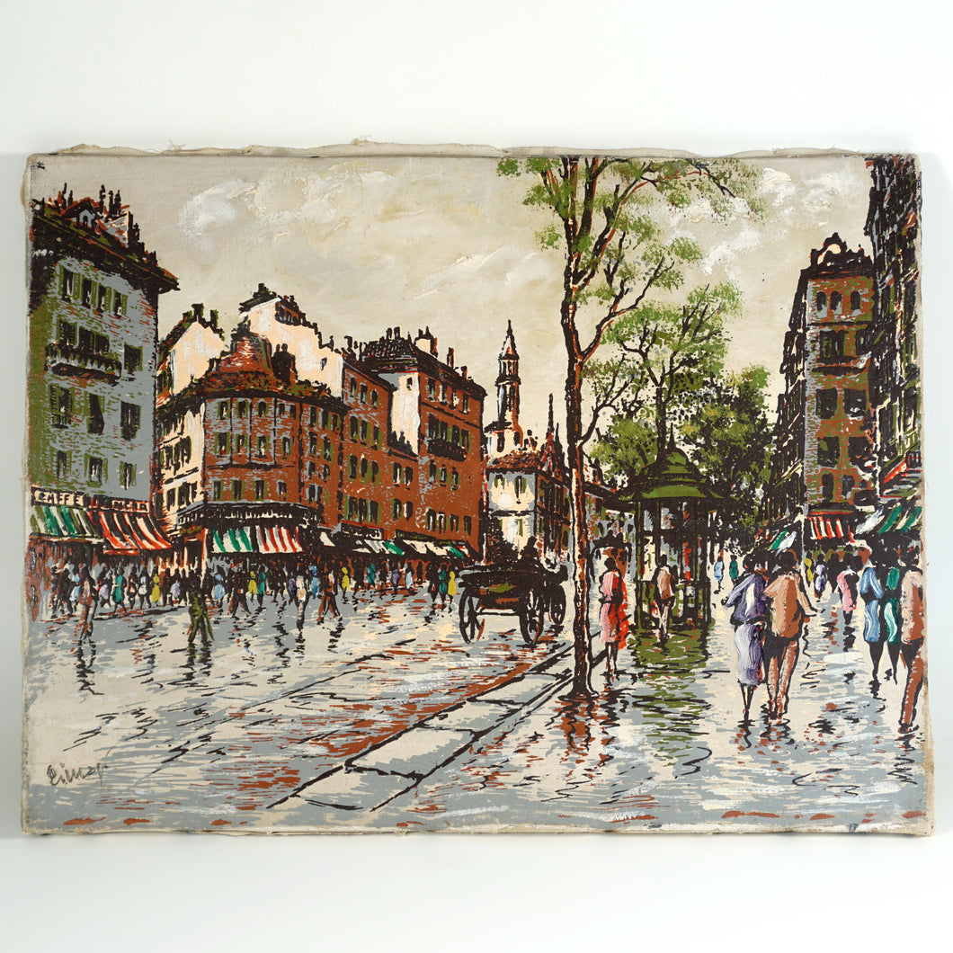 Vintage French Paris Street Scene Oil Painting Mid-Century