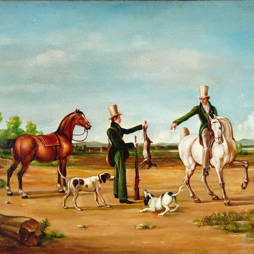 Vintage Oil Painting Portrait of a Hunting Scene With Horses & Hounds