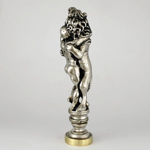 Antique French Silvered Gilt Bronze Wax Seal Hercules Lion Sculptural Desk Stamp
