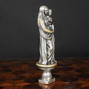 Antique French Silvered Bronze Wax Seal Desk Stamp Madonna & Child