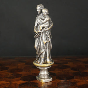 Antique French Silvered Bronze Wax Seal Desk Stamp Madonna & Child