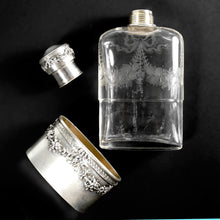 Load image into Gallery viewer, Antique French Sterling Silver Liquor Whiskey Hip Flask Floral Engraved Glass
