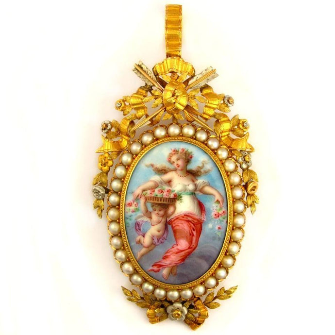 Antique French 19th century 18k yellow gold brooch; pendant; enamel on copper miniature portrait of a lady and cherub, birds, art, artwork; pearls and arrows