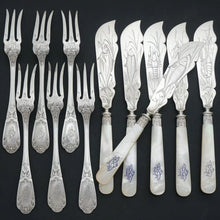 Load image into Gallery viewer, 12pc French Sterling Silver Mother of Pearl Fish Fork &amp; Knife Set, Rare Engraved Sea Life, Flatware Cutlery
