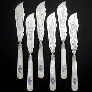12pc French Sterling Silver Mother of Pearl Fish Fork & Knife Set, Rare Engraved Sea Life, Flatware Cutlery