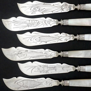 12pc French Sterling Silver Mother of Pearl Fish Fork & Knife Set, Rare Engraved Sea Life, Flatware Cutlery