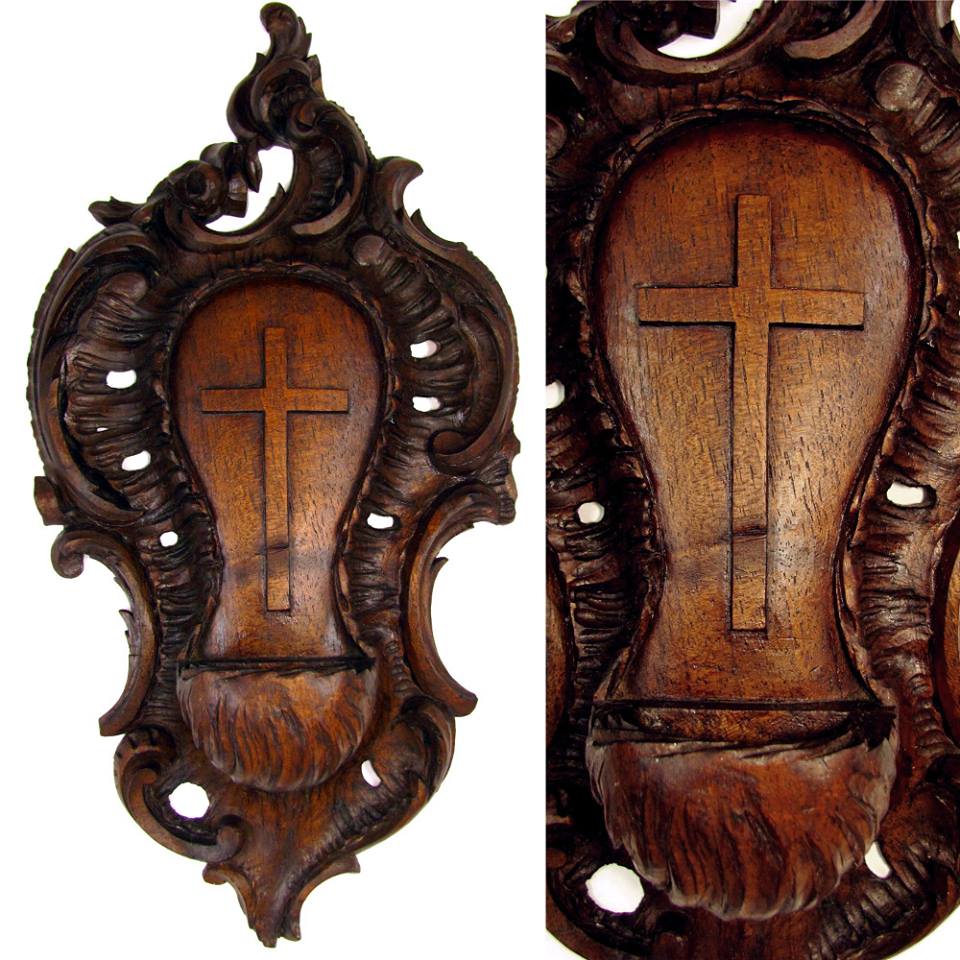 Antique Black Forest Hand Carved Wood Holy Water Font, Stoup
