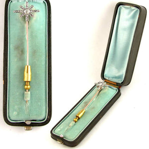 Antique French 18K Yellow Gold & Platinum Diamond Star Stickpin Brooch