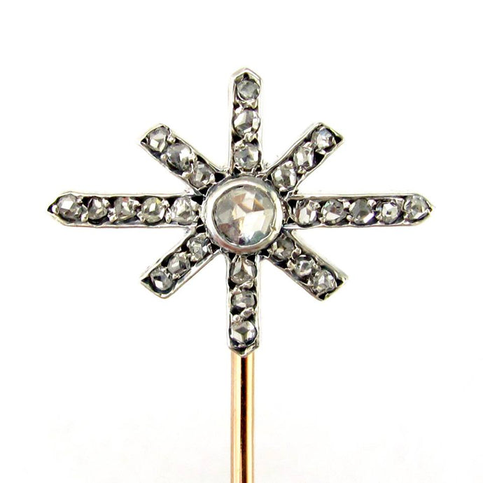 antique victorian french 18k yellow gold platinum diamond stick pin brooch, antique jewelry