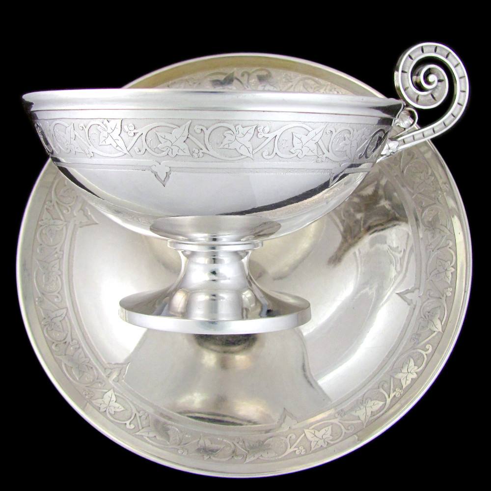 Large Heavy Antique French Sterling Silver & Gilt Vermeil Chocolate Tea / Coffee Cup & Saucer by Francois-Desire Froment-Meurice, 408.3g