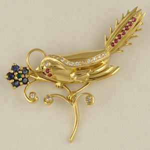 14K Yellow Gold Bird Flower Brooch | Diamond Ruby Sapphire Emerald 9.2g | Vintage Jewelry Pin