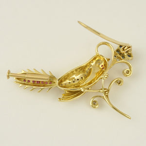 14K Yellow Gold Bird Flower Brooch | Diamond Ruby Sapphire Emerald 9.2g | Vintage Jewelry Pin