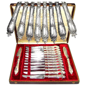 14pc Ornate Antique French Sterling Silver Knives, With Cheese & Butter Knife Serving Set