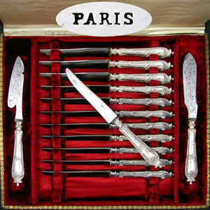 14pc Ornate Antique French Sterling Silver Knives, With Cheese & Butter Knife Serving Set