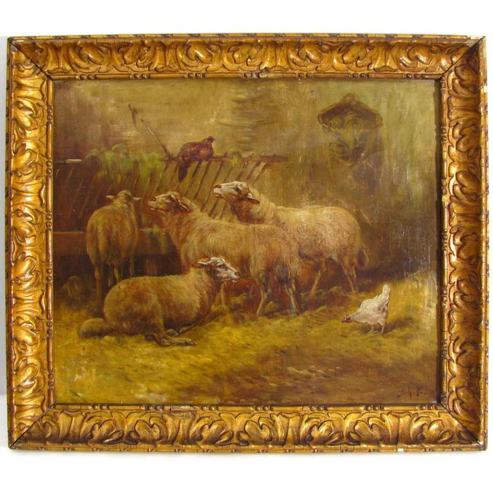 Antique 19thc Barbizon School Signed Oil Painting of Interior Stable View Sheep & Chickens