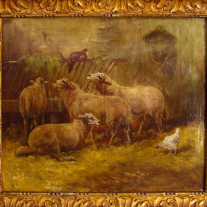 Antique 19thc Barbizon School Signed Oil Painting of Interior Stable View Sheep & Chickens