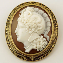 Load image into Gallery viewer, Antique Victorian 10K Yellow Gold Hand Carved Shell Cameo Warrior Goddess Athena Brooch
