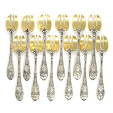 Load image into Gallery viewer, 12 Antique French Sterling Silver &amp; Gilt Vermeil Oyster Forks

