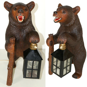 Signed Ruef Brothers Swiss Black Forest Hand Carved Bear Solid Wood Lantern Lamp