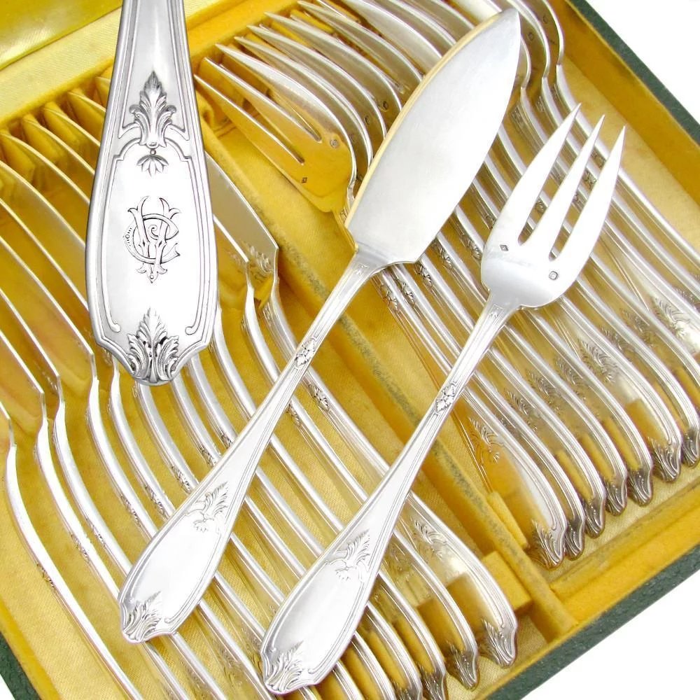 Puiforcat/Service à poisson/nacre 24pc Antique French Sterling Silver PUIFORCAT Fork & Knife