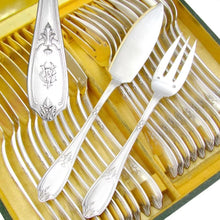 Load image into Gallery viewer, 24pc Antique French Sterling Silver PUIFORCAT Fork &amp; Knife Fish Service Flatware Set
