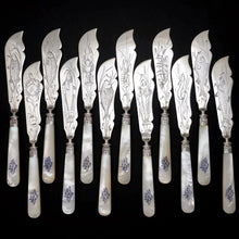 Load image into Gallery viewer, 24pc French Sterling Silver Mother of Pearl Fish Fork &amp; Knife Set, Rare Engraved Sea Life, Flatware Cutlery
