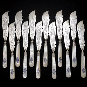 24pc French Sterling Silver Mother of Pearl Fish Fork & Knife Set, Rare Engraved Sea Life, Flatware Cutlery