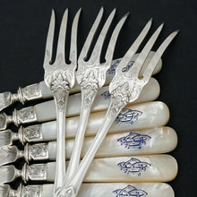 Load image into Gallery viewer, 24pc French Sterling Silver Mother of Pearl Fish Fork &amp; Knife Set, Rare Engraved Sea Life, Flatware Cutlery
