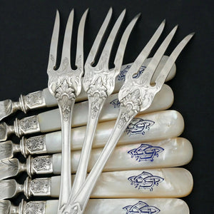24pc French Sterling Silver Mother of Pearl Fish Fork & Knife Set, Rare Engraved Sea Life, Flatware Cutlery