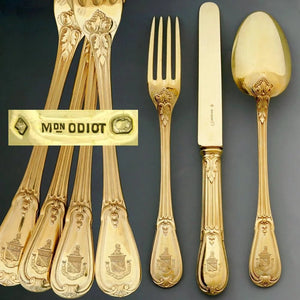 36pc ODIOT French Sterling Silver 18k Gold Vermeil Armorial Flatware