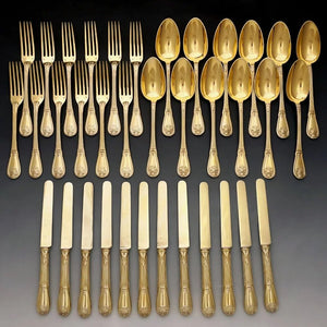 36pc ODIOT French Sterling Silver 18k Gold Vermeil Armorial Flatware
