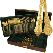 Load image into Gallery viewer, Antique  rosewood chest full of French sterling silver flatware service for 12, 48 pieces for luncheon and dessert, coffee spoons / teaspoons. Ornate pattern finished in gold gilt vermeil
