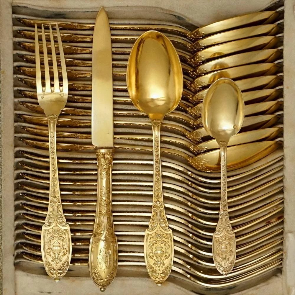 antique french sterling silver gilt gold vermeil flatware service set