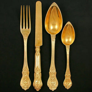 48pc Antique French Sterling Silver Gilt Vermeil Napoleon III Empire Flatware Service, Set for 12, Inlaid Wooden Chest