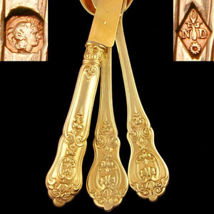 Antique French sterling silver flatware set, by silversmith Guillaume DENINGER, Maison DENIÈRE, Fork, Spoon & Knife ornate handles