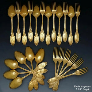 48pc Antique French Sterling Silver Gilt Vermeil Flatware Service, Set for 12, Ornate Empire Motif