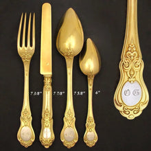 Load image into Gallery viewer, 48pc Antique French Sterling Silver Gilt Vermeil Napoleon III Empire Flatware Service, Set for 12, Inlaid Wooden Chest

