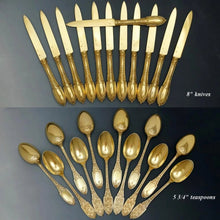 Load image into Gallery viewer, 48pc Antique French Sterling Silver Gilt Vermeil Flatware Service, Set for 12, Ornate Empire Motif
