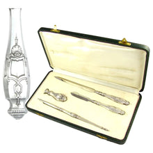 Load image into Gallery viewer, 4pc Antique French .800 Silver Desk Set, Writing Tools, Dip Pen, Letter Opener, Wax Seal
