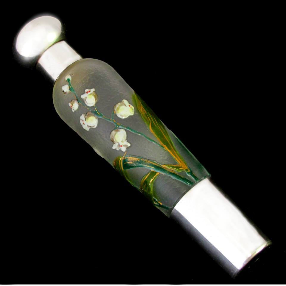 Art Nouveau French Sterling Silver Flask, Lily of Valley Enamel Cameo Glass