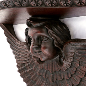 Large Antique French Hand Carved Mahogany Wood Wall Shelf Angel Cherub Putto Wings