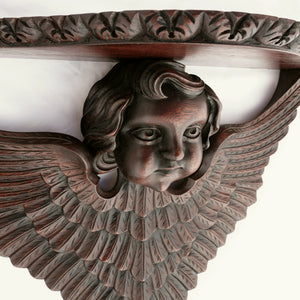 Large Antique French Hand Carved Mahogany Wood Wall Shelf Angel Cherub Putto Wings