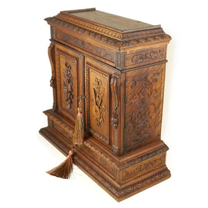 Antique French Hand Carved Wood 15" Table Top Cabinet, Black Forest
