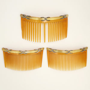 Antique French 18K Yellow Gold & Diamonds Hair Comb Trio Set Original Box