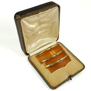 Antique French 18K Yellow Gold & Diamonds Hair Comb Trio Set Original Box