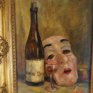 Still Life Painting of Theater Mask & Wine Bottle, Signed Oil on Canvas, Ornate Gilt Frame