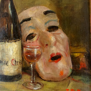 Still Life Painting of Theater Mask & Wine Bottle, Signed Oil on Canvas, Ornate Gilt Frame