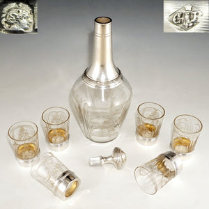 7pc French Sterling Silver & Cut Crystal Decanter Service