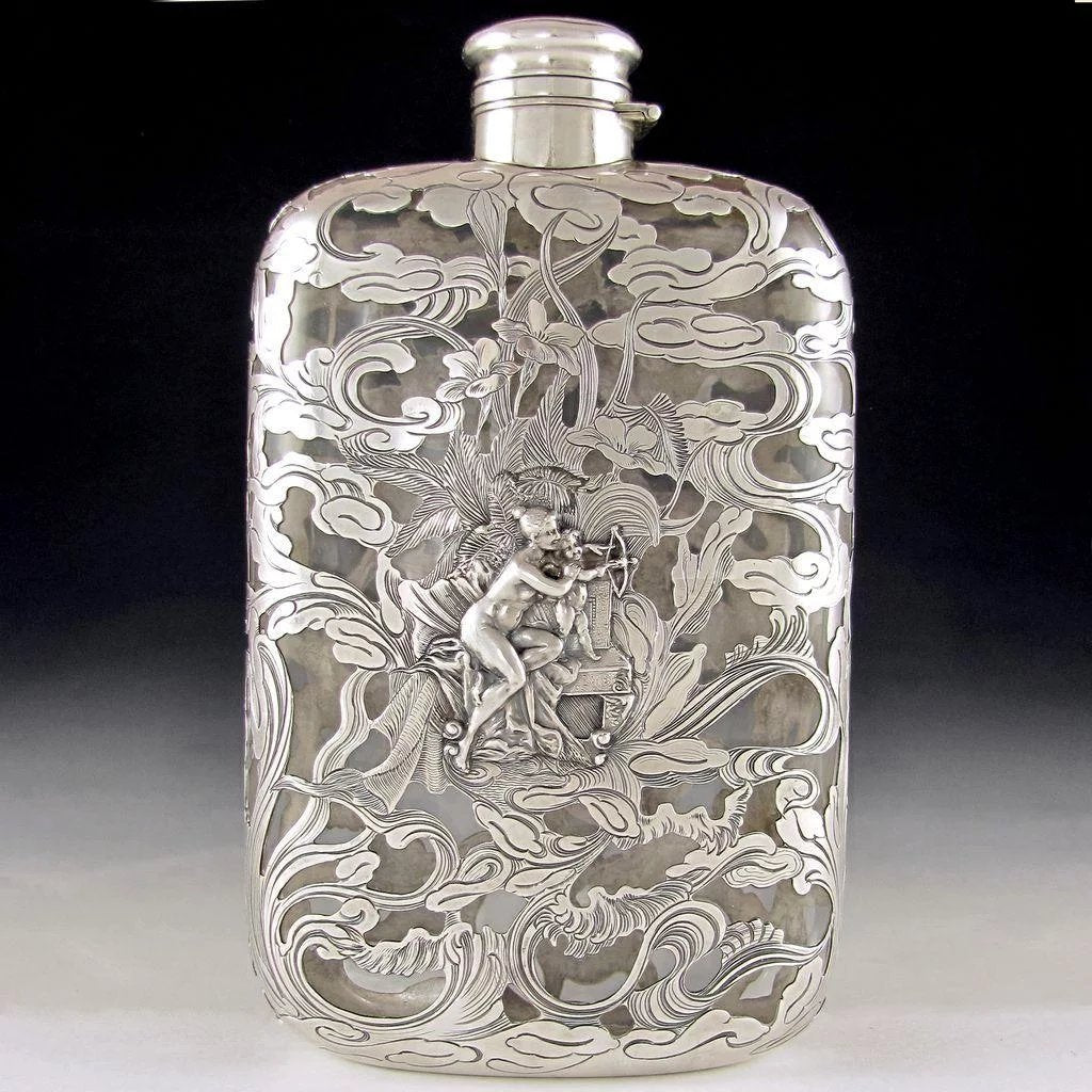 Antique Art Nouveau GORHAM Sterling Silver Overlay Flask, Figural